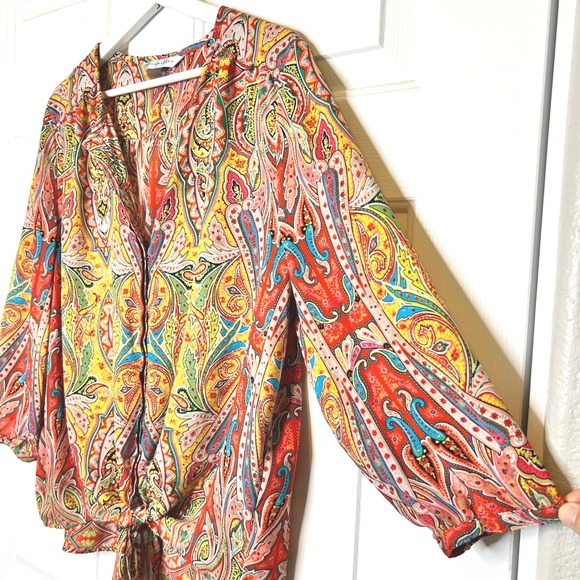 Peter Nygard Paisley Print Tie Front Blouse Size 14 - Picture 2 of 7
